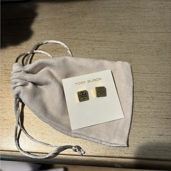 Tory Burch Gold and White Square Logo Stud Earrings - Picture 2 of 4